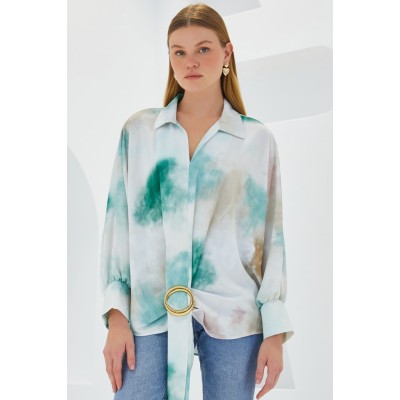 Yeşil Ekru Oversize Dökümlü Saten Gömlek 907 Yeşil Ekru Oversize Dökümlü Saten Gömlek 907