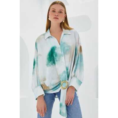 Yeşil Ekru Oversize Dökümlü Saten Gömlek 907 Yeşil Ekru Oversize Dökümlü Saten Gömlek 907