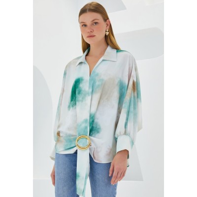 Yeşil Ekru Oversize Dökümlü Saten Gömlek 907 Yeşil Ekru Oversize Dökümlü Saten Gömlek 907