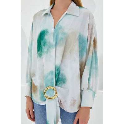 Yeşil Ekru Oversize Dökümlü Saten Gömlek 907 Yeşil Ekru Oversize Dökümlü Saten Gömlek 907