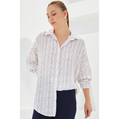 Pudra Beyaz Desenli Oversize Saten Gömlek 3985 Pudra Beyaz Desenli Oversize Saten Gömlek 3985