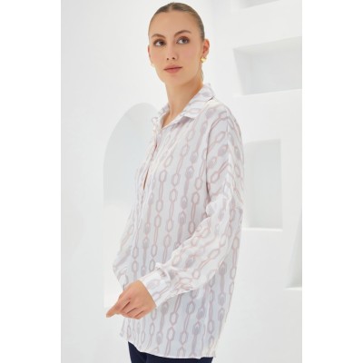 Pudra Beyaz Desenli Oversize Saten Gömlek 3985 Pudra Beyaz Desenli Oversize Saten Gömlek 3985