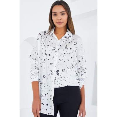 Siyah Beyaz Desenli Oversize Saten Gömlek 3985 Siyah Beyaz Desenli Oversize Saten Gömlek 3985