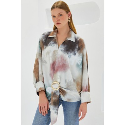 Hardal Ekru Oversize Dökümlü Saten Gömlek 907 Hardal Ekru Oversize Dökümlü Saten Gömlek 907