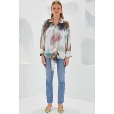 Hardal Ekru Oversize Dökümlü Saten Gömlek 907 Hardal Ekru Oversize Dökümlü Saten Gömlek 907