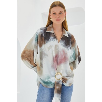 Hardal Ekru Oversize Dökümlü Saten Gömlek 907 Hardal Ekru Oversize Dökümlü Saten Gömlek 907