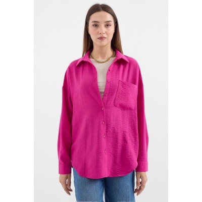 20153 Tek Cepli Oversize Keten Gömlek - Koyu Pembe 20153 Tek Cepli Oversize Keten Gömlek - Koyu Pembe