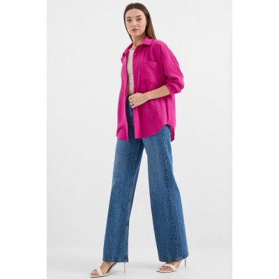 20153 Tek Cepli Oversize Keten Gömlek - Koyu Pembe 20153 Tek Cepli Oversize Keten Gömlek - Koyu Pembe