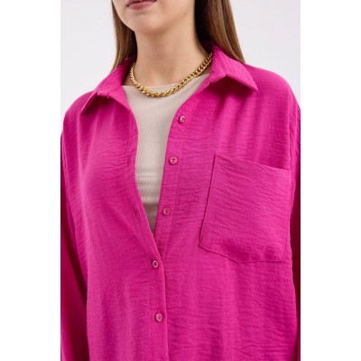 20153 Tek Cepli Oversize Keten Gömlek - Koyu Pembe 20153 Tek Cepli Oversize Keten Gömlek - Koyu Pembe