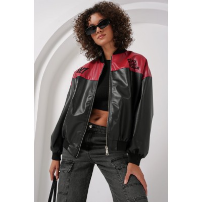0698 Baskılı Suni Deri Bomber Ceket - Bordo 0698 Baskılı Suni Deri Bomber Ceket - Bordo