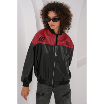0698 Baskılı Suni Deri Bomber Ceket - Bordo 0698 Baskılı Suni Deri Bomber Ceket - Bordo