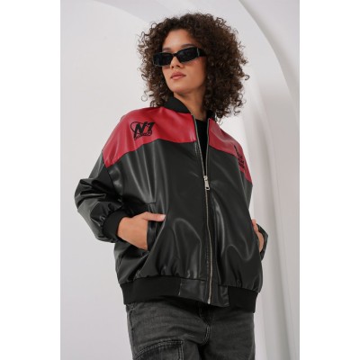 0698 Baskılı Suni Deri Bomber Ceket - Bordo 0698 Baskılı Suni Deri Bomber Ceket - Bordo