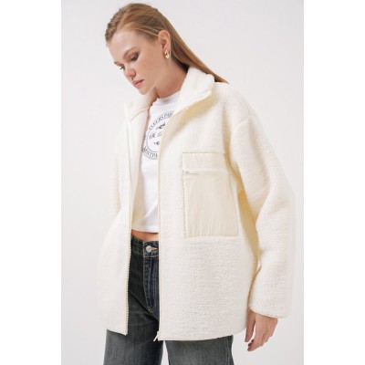 55446 Fermuarlı Oversize Peluş Mont - Bej 55446 Fermuarlı Oversize Peluş Mont - Bej