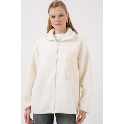 55446 Fermuarlı Oversize Peluş Mont - Bej 55446 Fermuarlı Oversize Peluş Mont - Bej