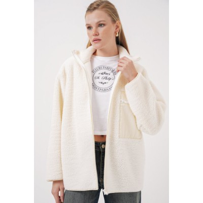 55446 Fermuarlı Oversize Peluş Mont - Bej 55446 Fermuarlı Oversize Peluş Mont - Bej