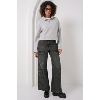 55449 Fermuarlı Yaka Örme Sweatshirt - Gri 55449 Fermuarlı Yaka Örme Sweatshirt - Gri