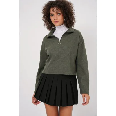 55449 Fermuarlı Yaka Örme Sweatshirt - Haki 55449 Fermuarlı Yaka Örme Sweatshirt - Haki