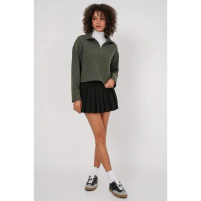 55449 Fermuarlı Yaka Örme Sweatshirt - Haki 55449 Fermuarlı Yaka Örme Sweatshirt - Haki