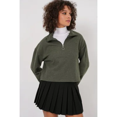 55449 Fermuarlı Yaka Örme Sweatshirt - Haki 55449 Fermuarlı Yaka Örme Sweatshirt - Haki