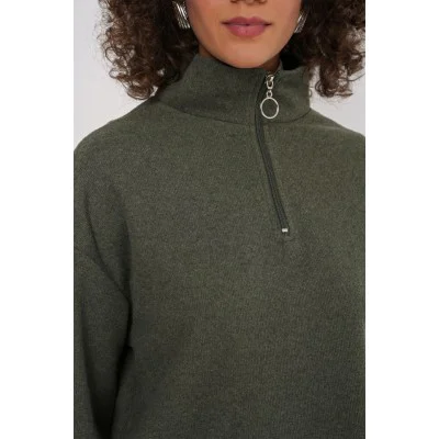 55449 Fermuarlı Yaka Örme Sweatshirt - Haki 55449 Fermuarlı Yaka Örme Sweatshirt - Haki