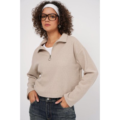 55449 Fermuarlı Yaka Örme Sweatshirt - Krem 55449 Fermuarlı Yaka Örme Sweatshirt - Krem