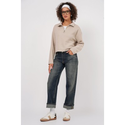 55449 Fermuarlı Yaka Örme Sweatshirt - Krem 55449 Fermuarlı Yaka Örme Sweatshirt - Krem