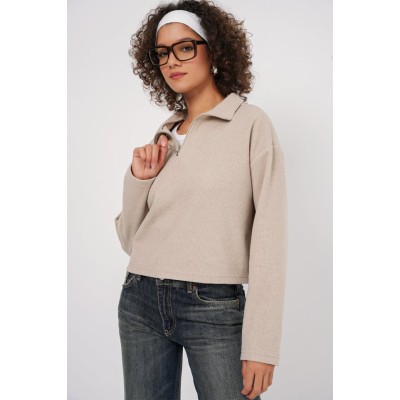 55449 Fermuarlı Yaka Örme Sweatshirt - Krem 55449 Fermuarlı Yaka Örme Sweatshirt - Krem