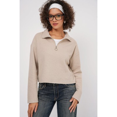 55449 Fermuarlı Yaka Örme Sweatshirt - Krem 55449 Fermuarlı Yaka Örme Sweatshirt - Krem