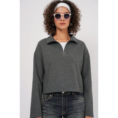 55449 Fermuarlı Yaka Örme Sweatshirt - Antrasit 55449 Fermuarlı Yaka Örme Sweatshirt - Antrasit