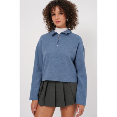 55449 Fermuarlı Yaka Örme Sweatshirt - İndigo 55449 Fermuarlı Yaka Örme Sweatshirt - İndigo