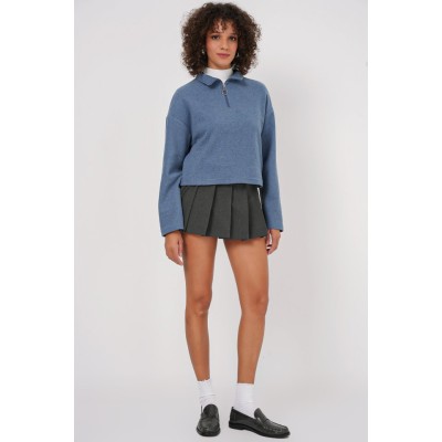 55449 Fermuarlı Yaka Örme Sweatshirt - İndigo 55449 Fermuarlı Yaka Örme Sweatshirt - İndigo