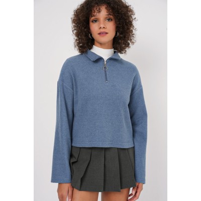 55449 Fermuarlı Yaka Örme Sweatshirt - İndigo 55449 Fermuarlı Yaka Örme Sweatshirt - İndigo