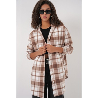 0710 Kapüşonlu Oversize Gömlek - Kahverengi 0710 Kapüşonlu Oversize Gömlek - Kahverengi
