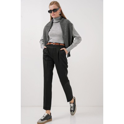 6686 Pileli Kemerli Kumaş Pantolon - Siyah 6686 Pileli Kemerli Kumaş Pantolon - Siyah