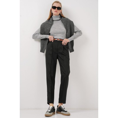 6686 Pileli Kemerli Kumaş Pantolon - Siyah 6686 Pileli Kemerli Kumaş Pantolon - Siyah