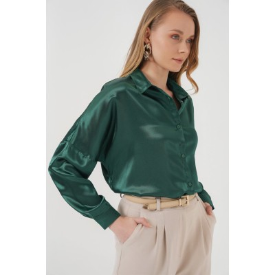 3985 Oversize Saten Gömlek - Zümrüt Yeşili 3985 Oversize Saten Gömlek - Zümrüt Yeşili