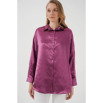 3985 Oversize Saten Gömlek - Koyu Lila 3985 Oversize Saten Gömlek - Koyu Lila