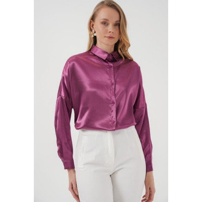 3985 Oversize Saten Gömlek - Koyu Lila 3985 Oversize Saten Gömlek - Koyu Lila