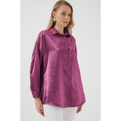 3985 Oversize Saten Gömlek - Koyu Lila 3985 Oversize Saten Gömlek - Koyu Lila