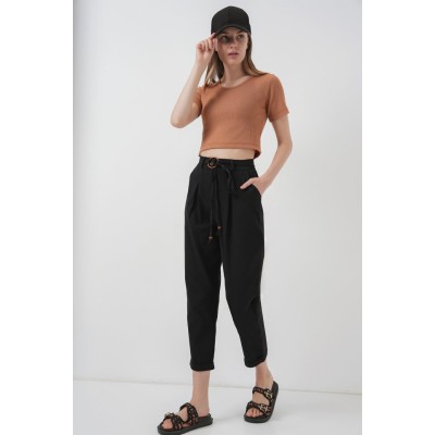 6660 Kemerli Keten Pantolon - Siyah 6660 Kemerli Keten Pantolon - Siyah