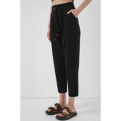 6660 Kemerli Keten Pantolon - Siyah 6660 Kemerli Keten Pantolon - Siyah
