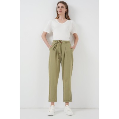6660 Kemerli Keten Pantolon - Haki 6660 Kemerli Keten Pantolon - Haki