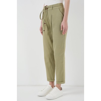 6660 Kemerli Keten Pantolon - Haki 6660 Kemerli Keten Pantolon - Haki