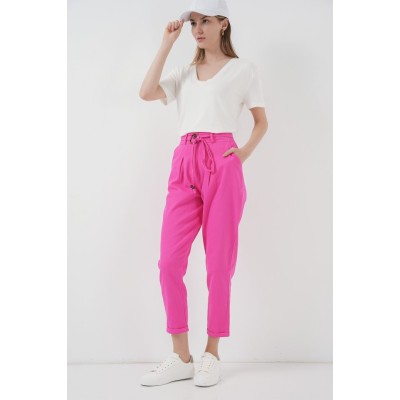 6660 Kemerli Keten Pantolon - Fuşya 6660 Kemerli Keten Pantolon - Fuşya