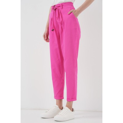 6660 Kemerli Keten Pantolon - Fuşya 6660 Kemerli Keten Pantolon - Fuşya