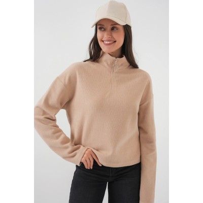 55449 Fermuarlı Yaka Örme Sweatshirt - Camel 55449 Fermuarlı Yaka Örme Sweatshirt - Camel