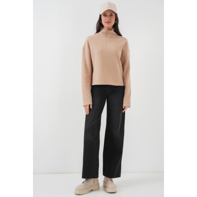 55449 Fermuarlı Yaka Örme Sweatshirt - Camel 55449 Fermuarlı Yaka Örme Sweatshirt - Camel