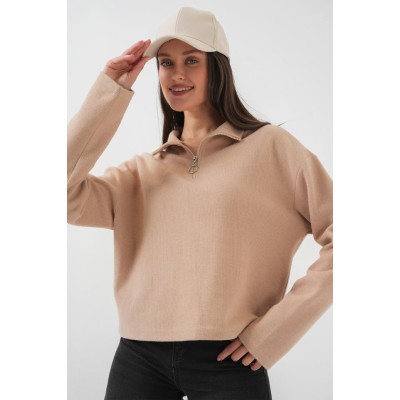55449 Fermuarlı Yaka Örme Sweatshirt - Camel 55449 Fermuarlı Yaka Örme Sweatshirt - Camel