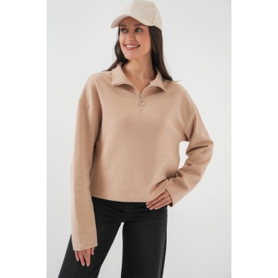 55449 Fermuarlı Yaka Örme Sweatshirt - Camel 55449 Fermuarlı Yaka Örme Sweatshirt - Camel