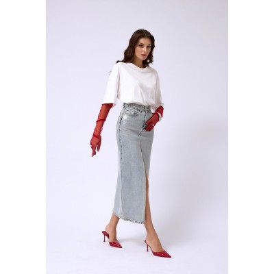 Varak Baskılı Yırtmaçlı Maxi Denim Etek Varak Baskılı Yırtmaçlı Maxi Denim Etek